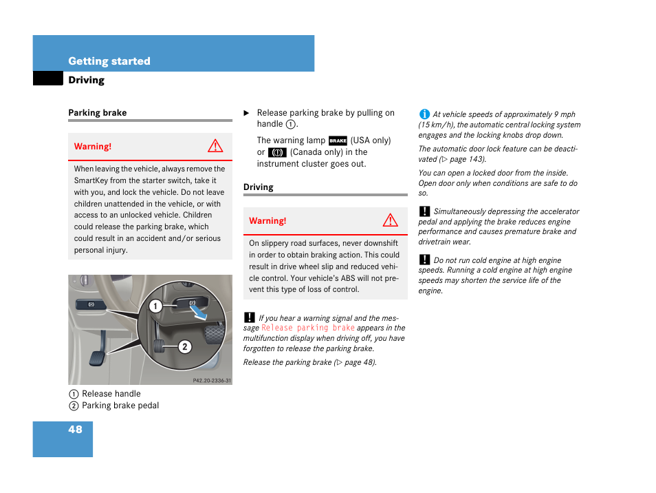 Parking brake driving | Mercedes-Benz C-Class 2007 Owners Manual User Manual | Page 49 / 441