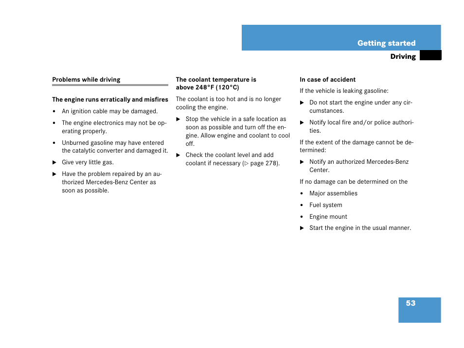 Problems while driving, 53 getting started | Mercedes-Benz C-Class 2007 Owners Manual User Manual | Page 54 / 441