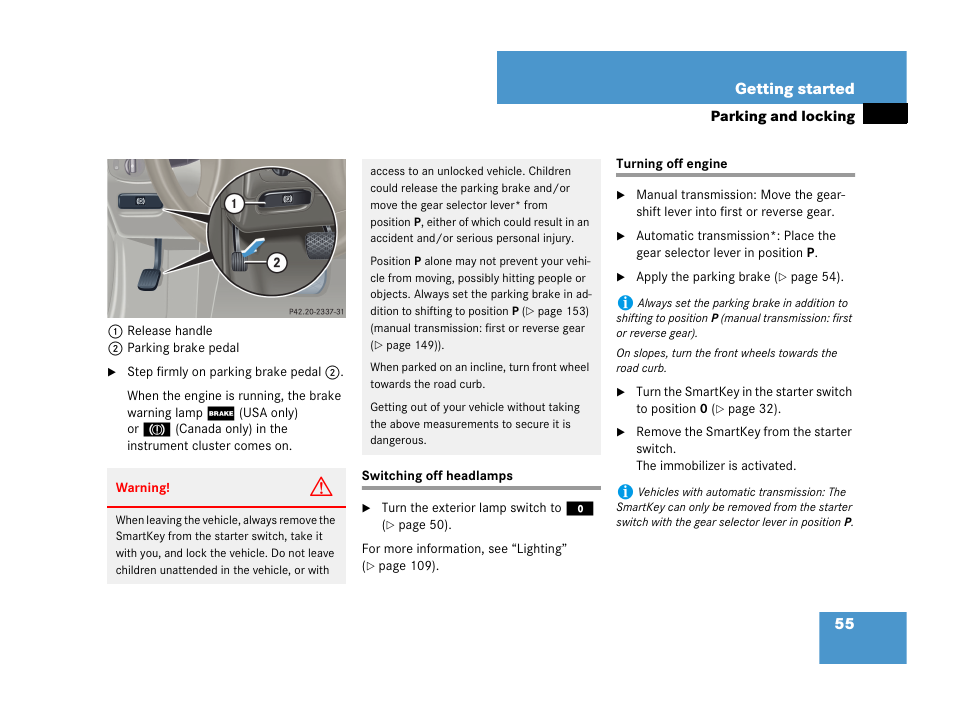 Switching off headlamps turning off engine, See “turning off engine, 55 getting started | Mercedes-Benz C-Class 2007 Owners Manual User Manual | Page 56 / 441