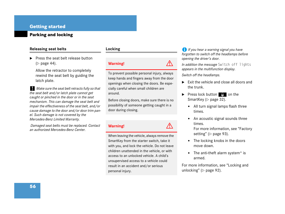 Releasing seat belts locking | Mercedes-Benz C-Class 2007 Owners Manual User Manual | Page 57 / 441