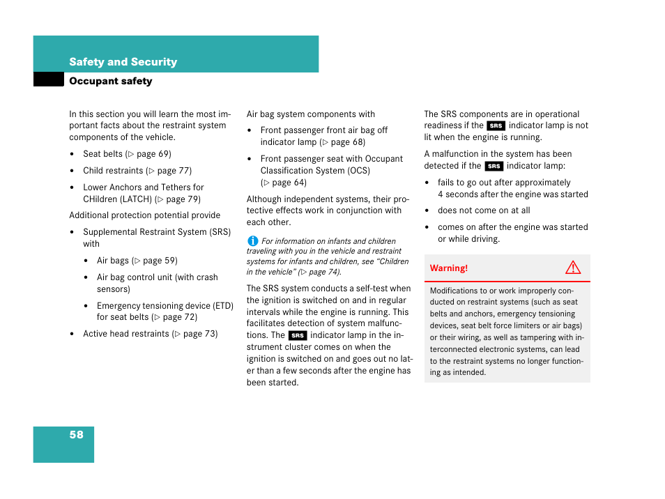Occupant safety, 58 safety and security | Mercedes-Benz C-Class 2007 Owners Manual User Manual | Page 59 / 441