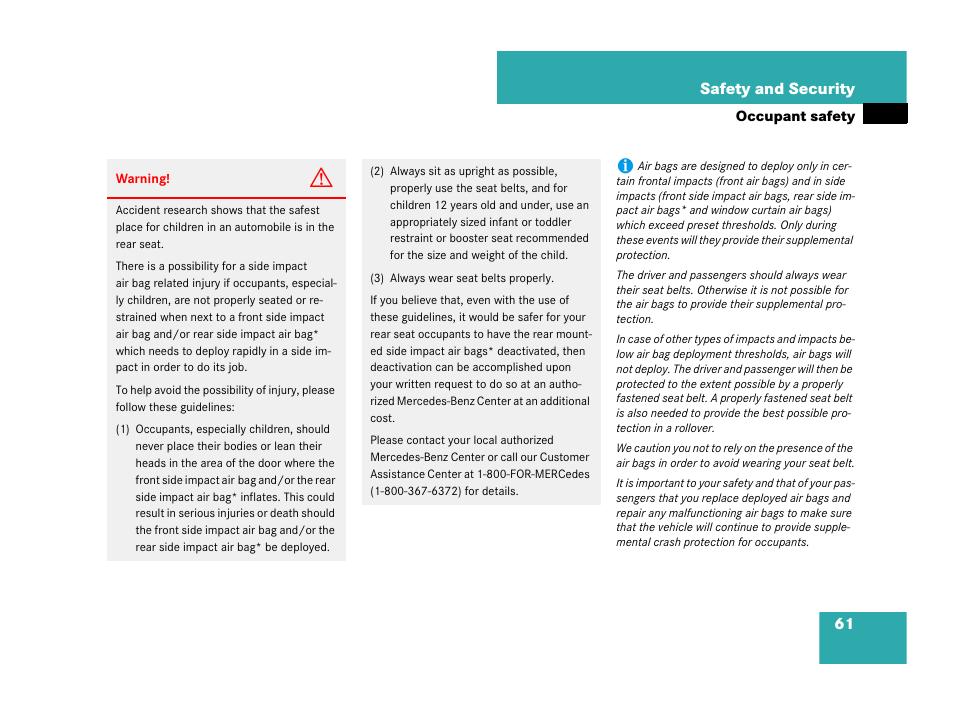 61 safety and security | Mercedes-Benz C-Class 2007 Owners Manual User Manual | Page 62 / 441