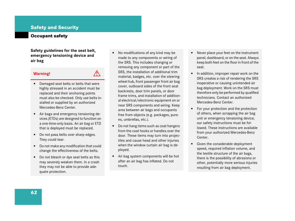 62 safety and security | Mercedes-Benz C-Class 2007 Owners Manual User Manual | Page 63 / 441