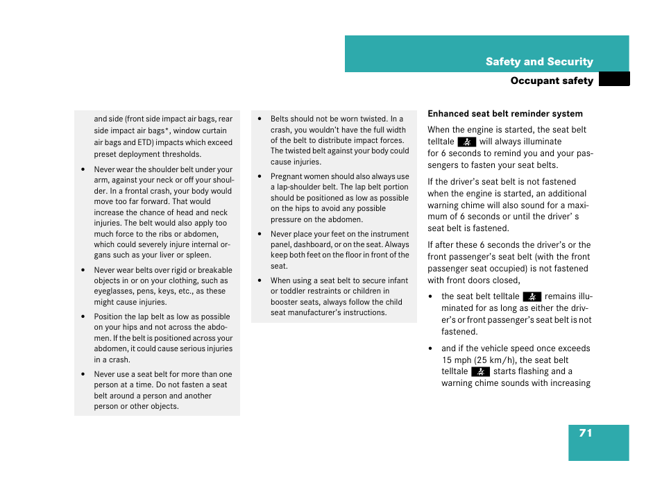 71 safety and security | Mercedes-Benz C-Class 2007 Owners Manual User Manual | Page 72 / 441