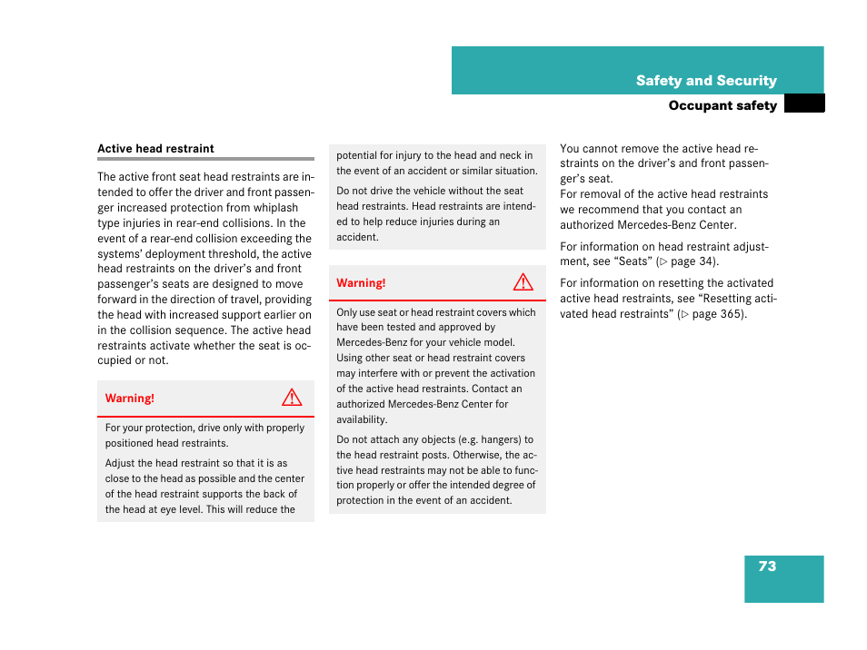 Active head restraint, Raints | Mercedes-Benz C-Class 2007 Owners Manual User Manual | Page 74 / 441