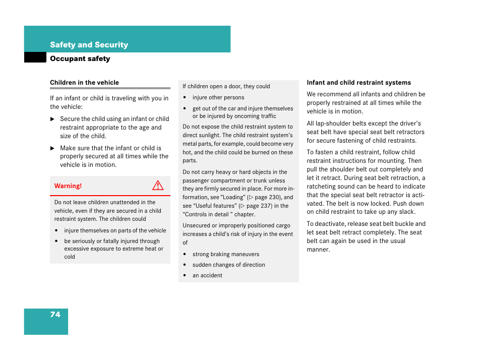 Children in the vehicle, See “children in the vehicle, Ion, see “children in | The vehicle, Ildren, see “children in the vehicle, 74 safety and security | Mercedes-Benz C-Class 2007 Owners Manual User Manual | Page 75 / 441