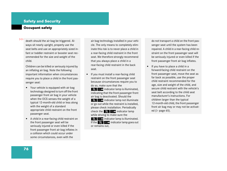 76 safety and security | Mercedes-Benz C-Class 2007 Owners Manual User Manual | Page 77 / 441