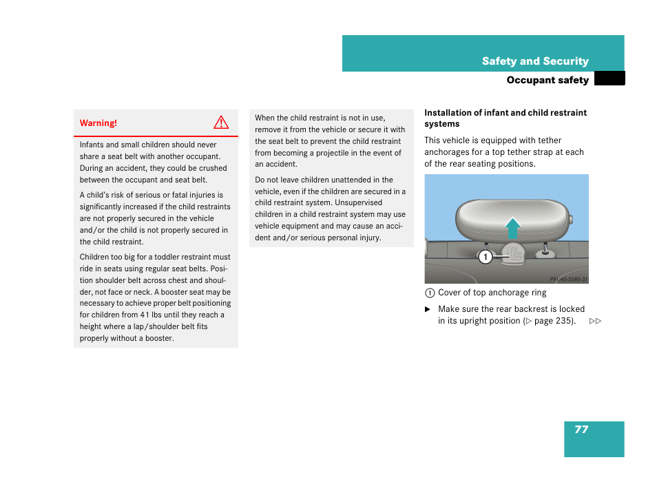 77 safety and security | Mercedes-Benz C-Class 2007 Owners Manual User Manual | Page 78 / 441