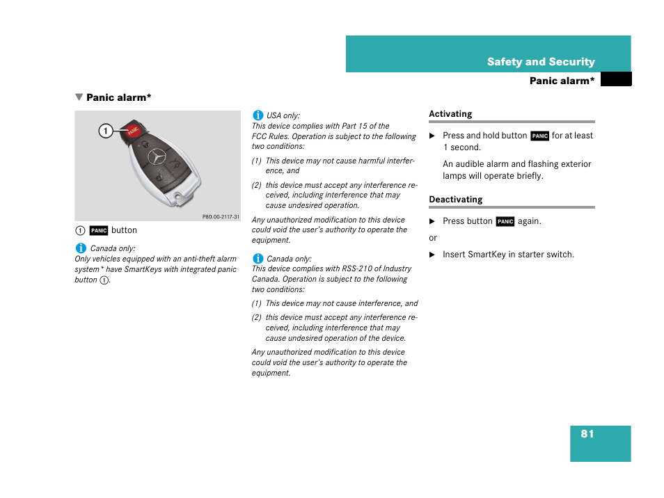 Panic alarm, Activating deactivating, Panic button | Mercedes-Benz C-Class 2007 Owners Manual User Manual | Page 82 / 441
