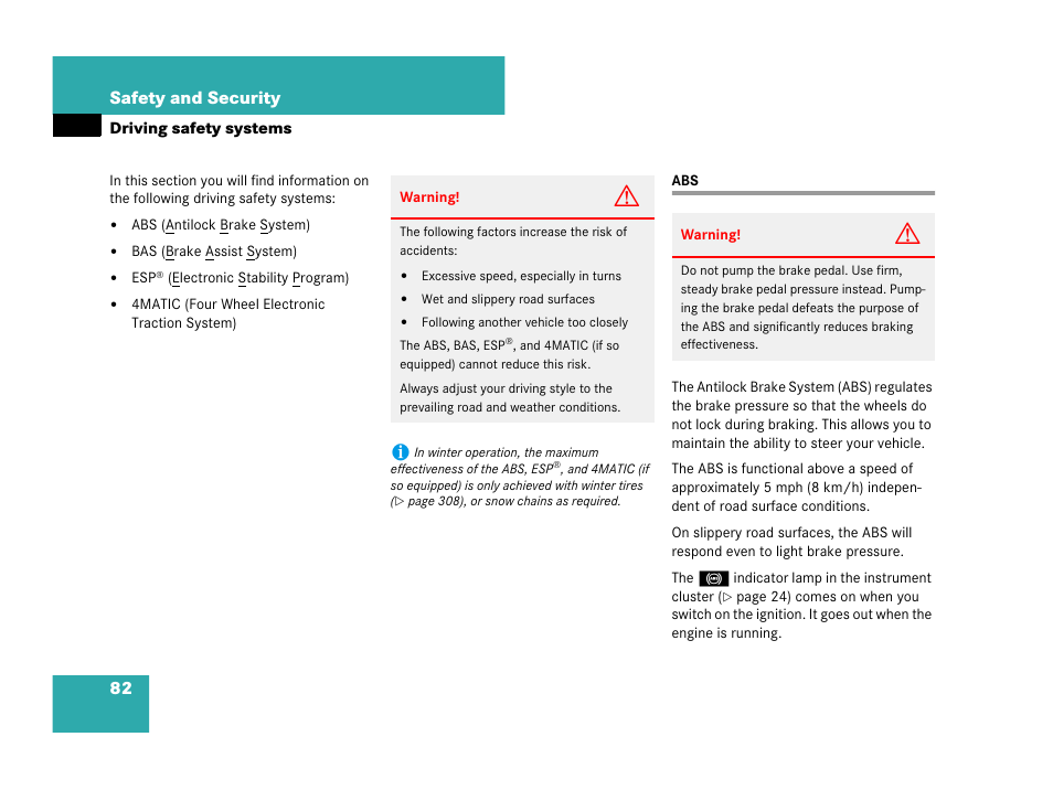 Driving safety systems, 82 safety and security | Mercedes-Benz C-Class 2007 Owners Manual User Manual | Page 83 / 441