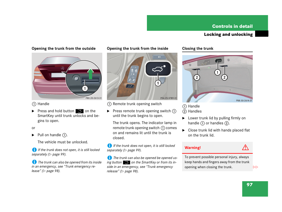 Closing the trunk | Mercedes-Benz C-Class 2007 Owners Manual User Manual | Page 98 / 441