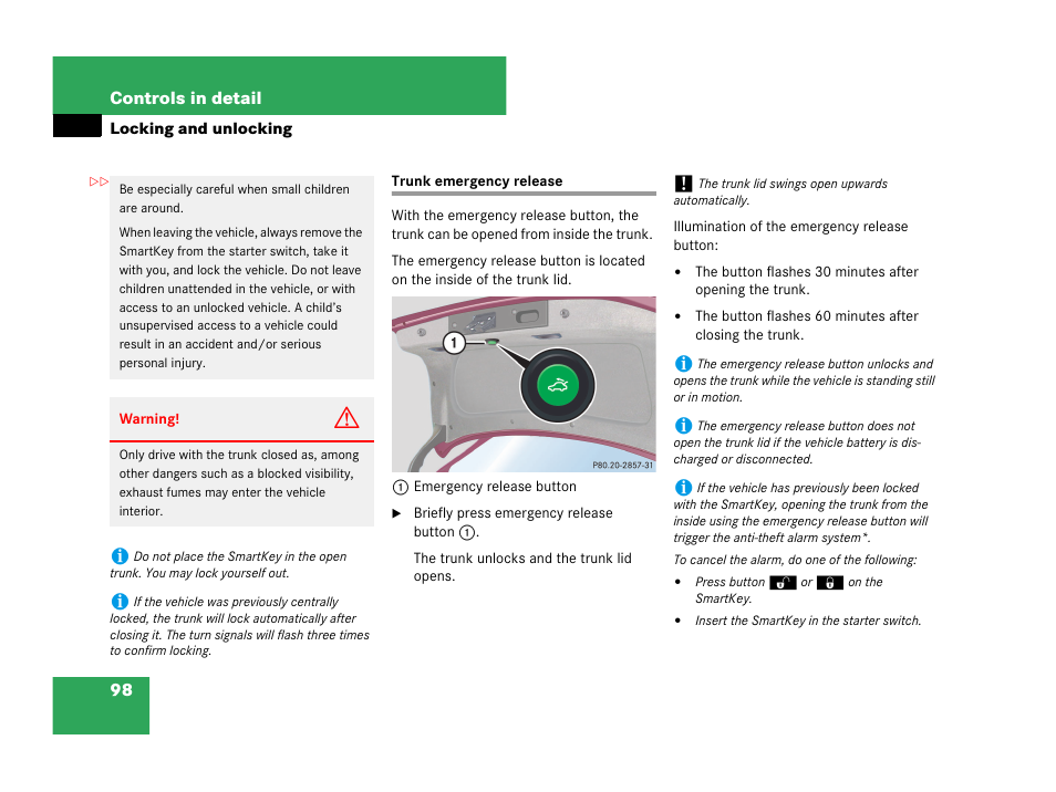 Trunk emergency release, In an emergency, see “trunk emer- gency release, See “trunk emergency re- lease | See “trunk emergency release | Mercedes-Benz C-Class 2007 Owners Manual User Manual | Page 99 / 441