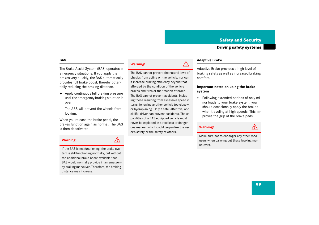 Driving safety systems:bas;bas, Bas adaptive brake | Mercedes-Benz E-Class 2007 Owners Manual User Manual | Page 100 / 522