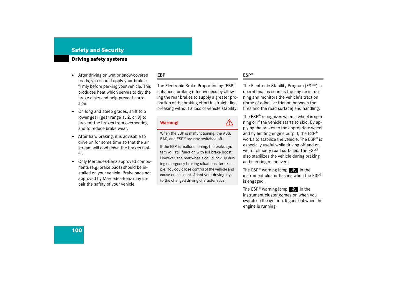 Ebp;driving safety systems:ebp, Ebp esp | Mercedes-Benz E-Class 2007 Owners Manual User Manual | Page 101 / 522