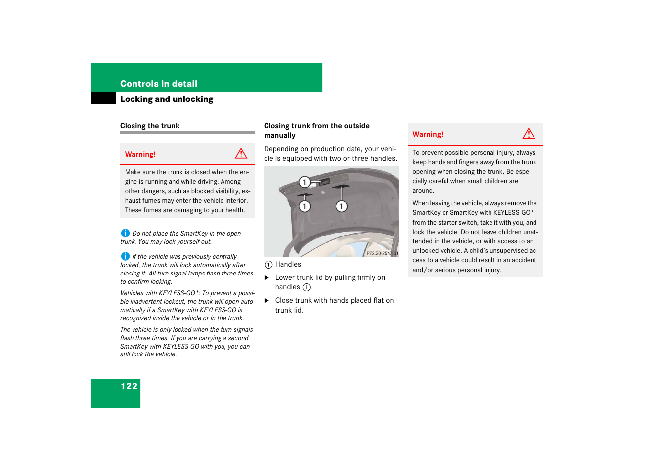 Trunk:closing the lid, Closing the trunk | Mercedes-Benz E-Class 2007 Owners Manual User Manual | Page 123 / 522