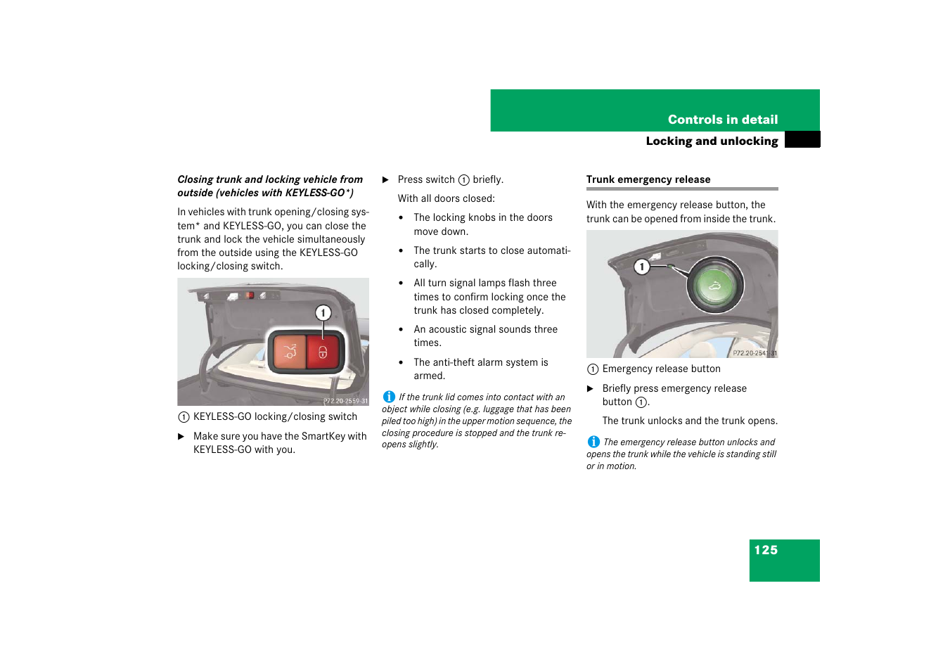 Trunk emergency release | Mercedes-Benz E-Class 2007 Owners Manual User Manual | Page 126 / 522