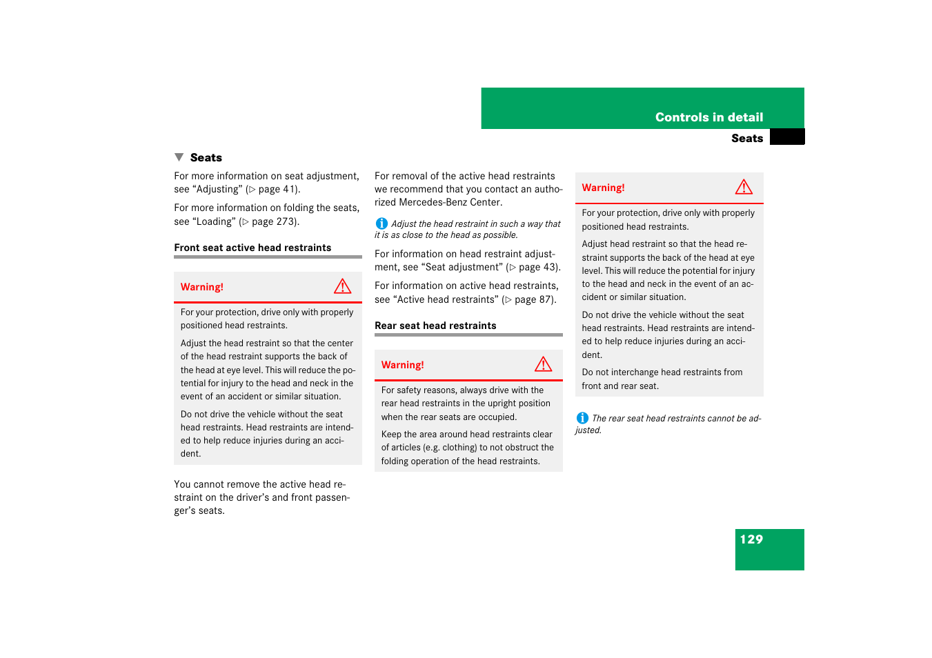 Seats, Front seat active head restraints | Mercedes-Benz E-Class 2007 Owners Manual User Manual | Page 130 / 522