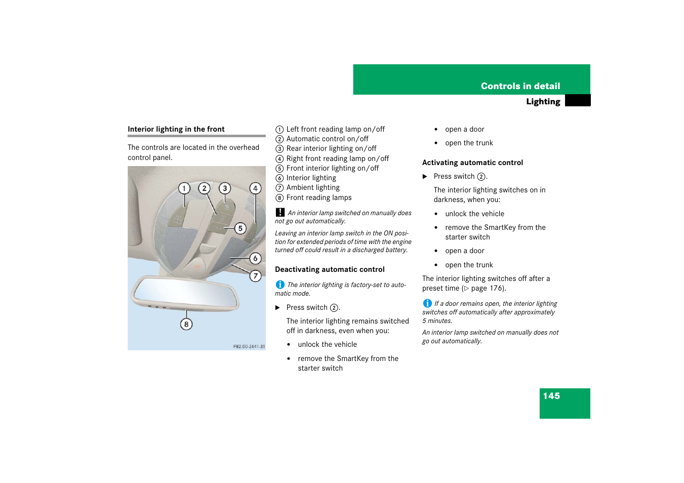 Passenger compartment:interior lighting, Interior lighting in the front | Mercedes-Benz E-Class 2007 Owners Manual User Manual | Page 146 / 522