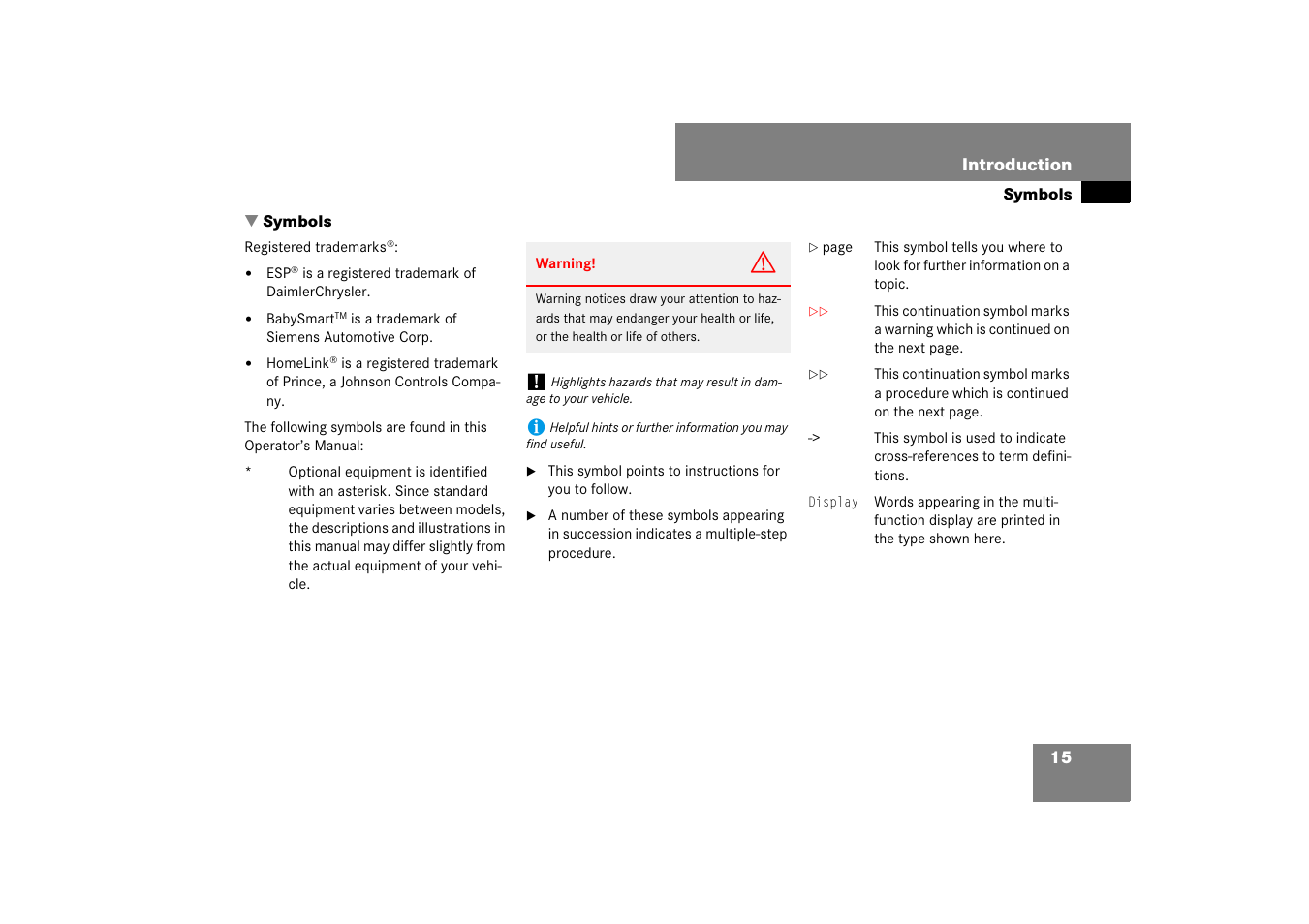 Symbols used in this operator’s manual, Symbols | Mercedes-Benz E-Class 2007 Owners Manual User Manual | Page 16 / 522