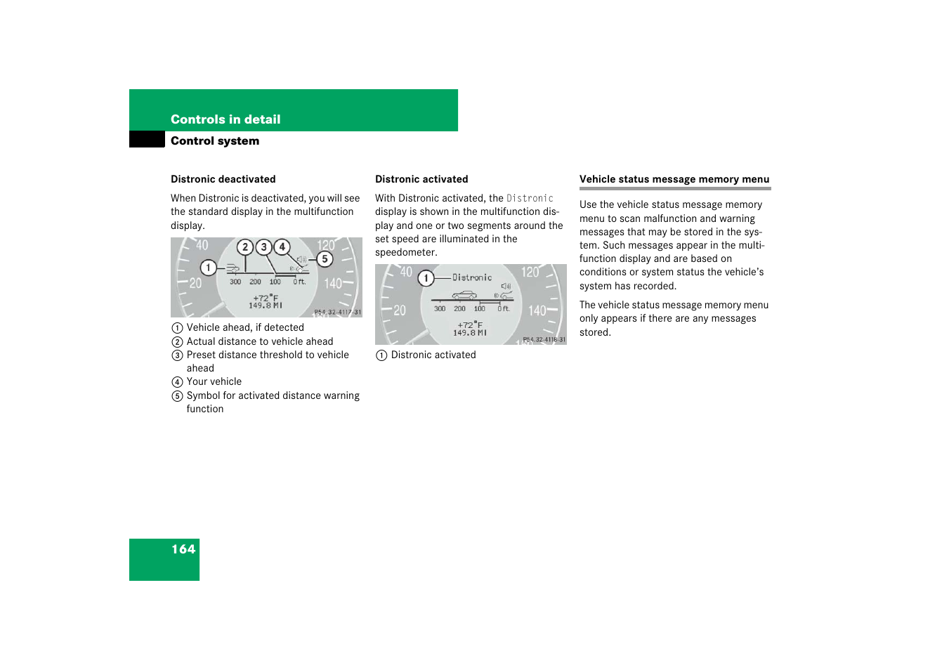 Vehicle status message memory menu | Mercedes-Benz E-Class 2007 Owners Manual User Manual | Page 165 / 522