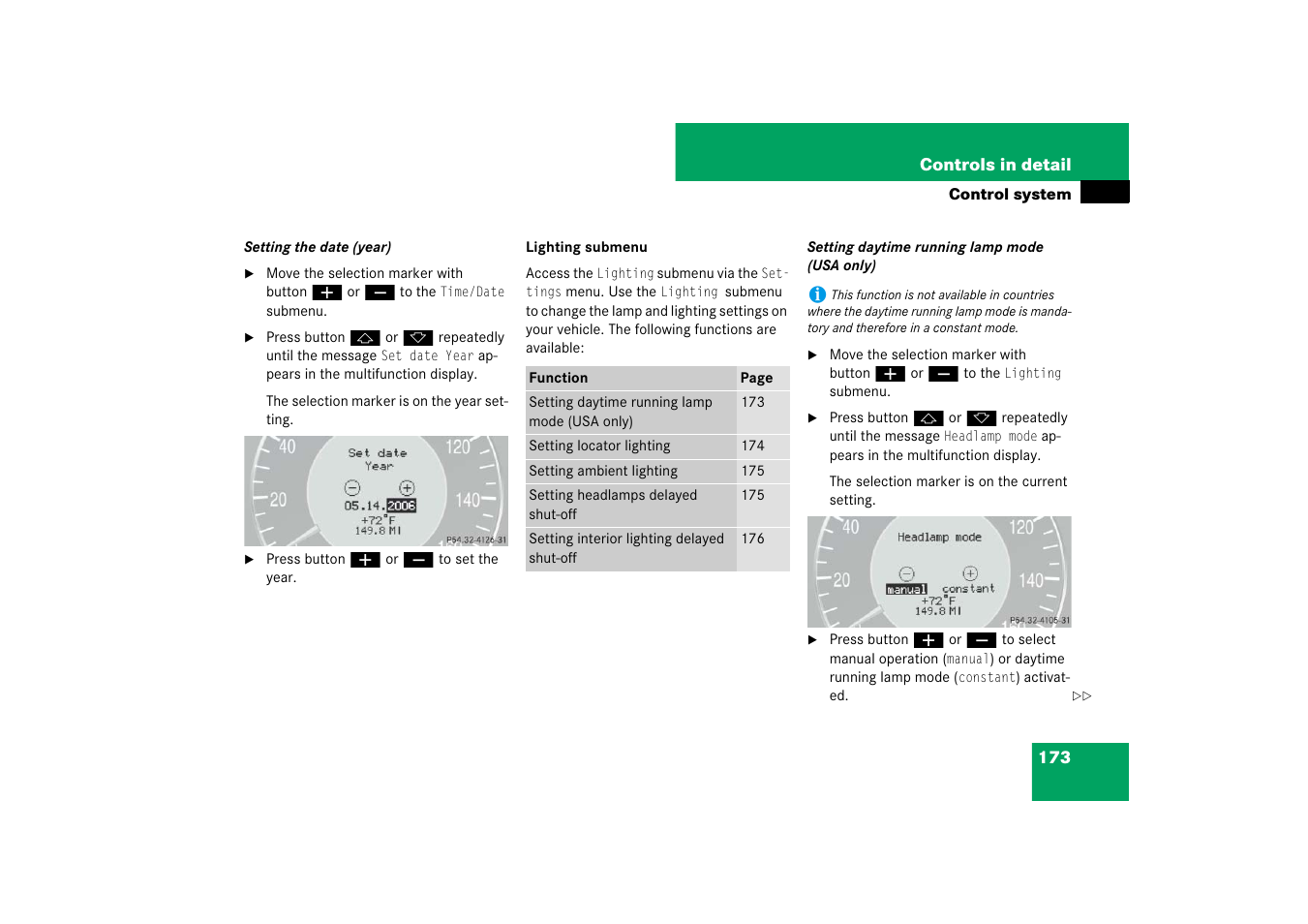 See “setting daytime running lamp mode (usa only) | Mercedes-Benz E-Class 2007 Owners Manual User Manual | Page 174 / 522