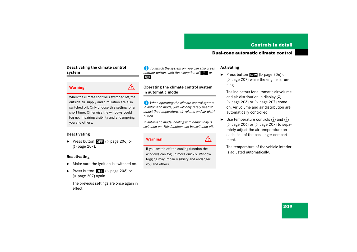 Climate control system:deactivating system, Climate control system:automatic mode | Mercedes-Benz E-Class 2007 Owners Manual User Manual | Page 210 / 522