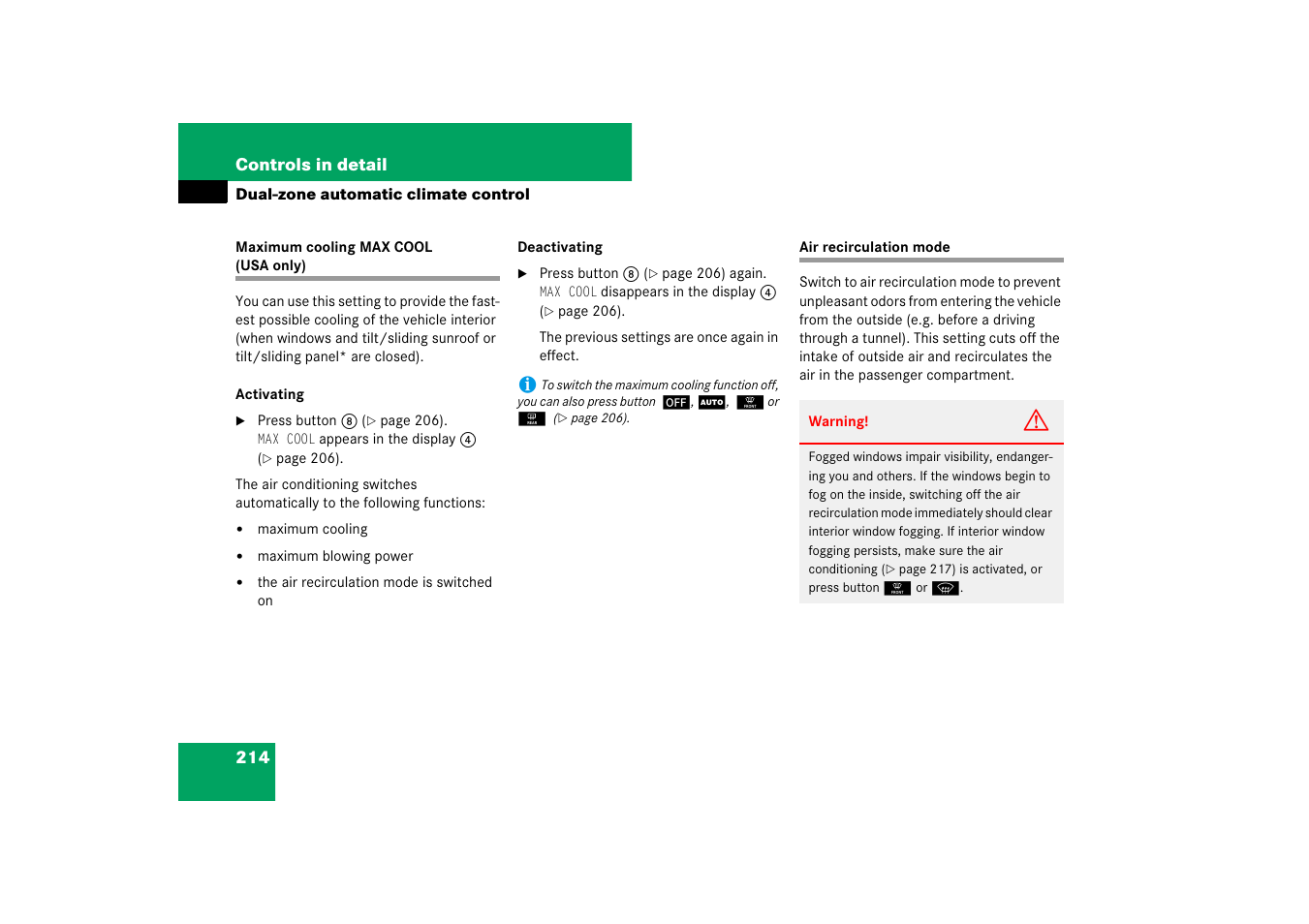 Climate control system:maximum cooling max cool | Mercedes-Benz E-Class 2007 Owners Manual User Manual | Page 215 / 522