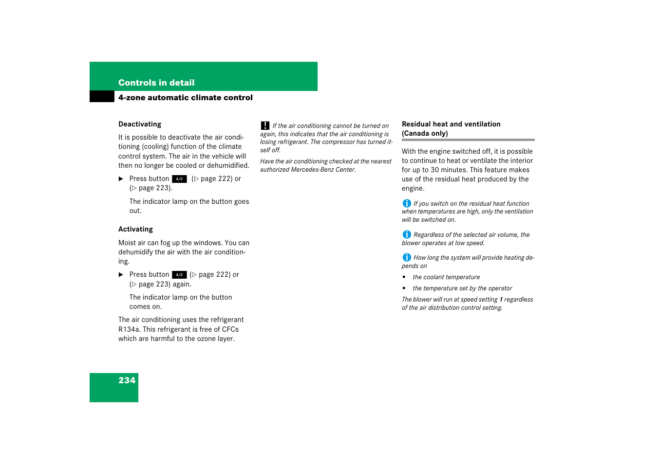Climate control system:residual engine heat (rest), Residual heat and ventilation (canada only) | Mercedes-Benz E-Class 2007 Owners Manual User Manual | Page 235 / 522