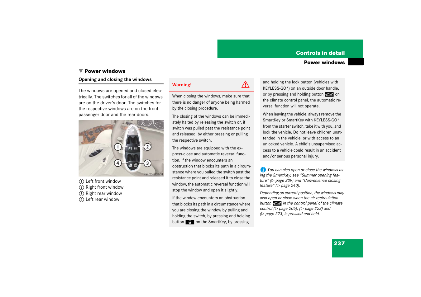 Power windows;windows see power windows, Power windows, Opening and closing the windows 237 | Mercedes-Benz E-Class 2007 Owners Manual User Manual | Page 238 / 522