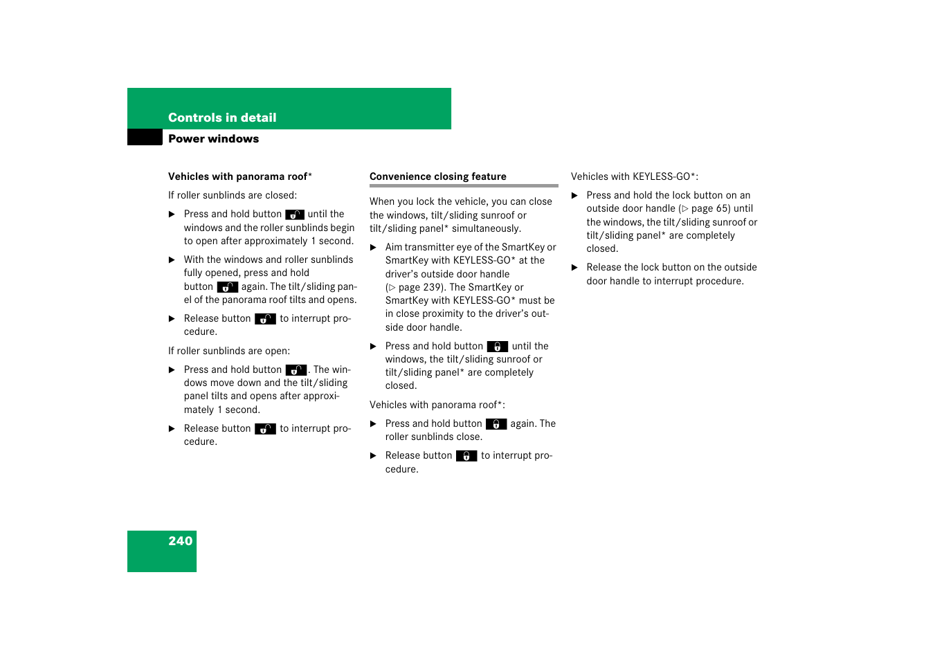 Convenience closing feature | Mercedes-Benz E-Class 2007 Owners Manual User Manual | Page 241 / 522
