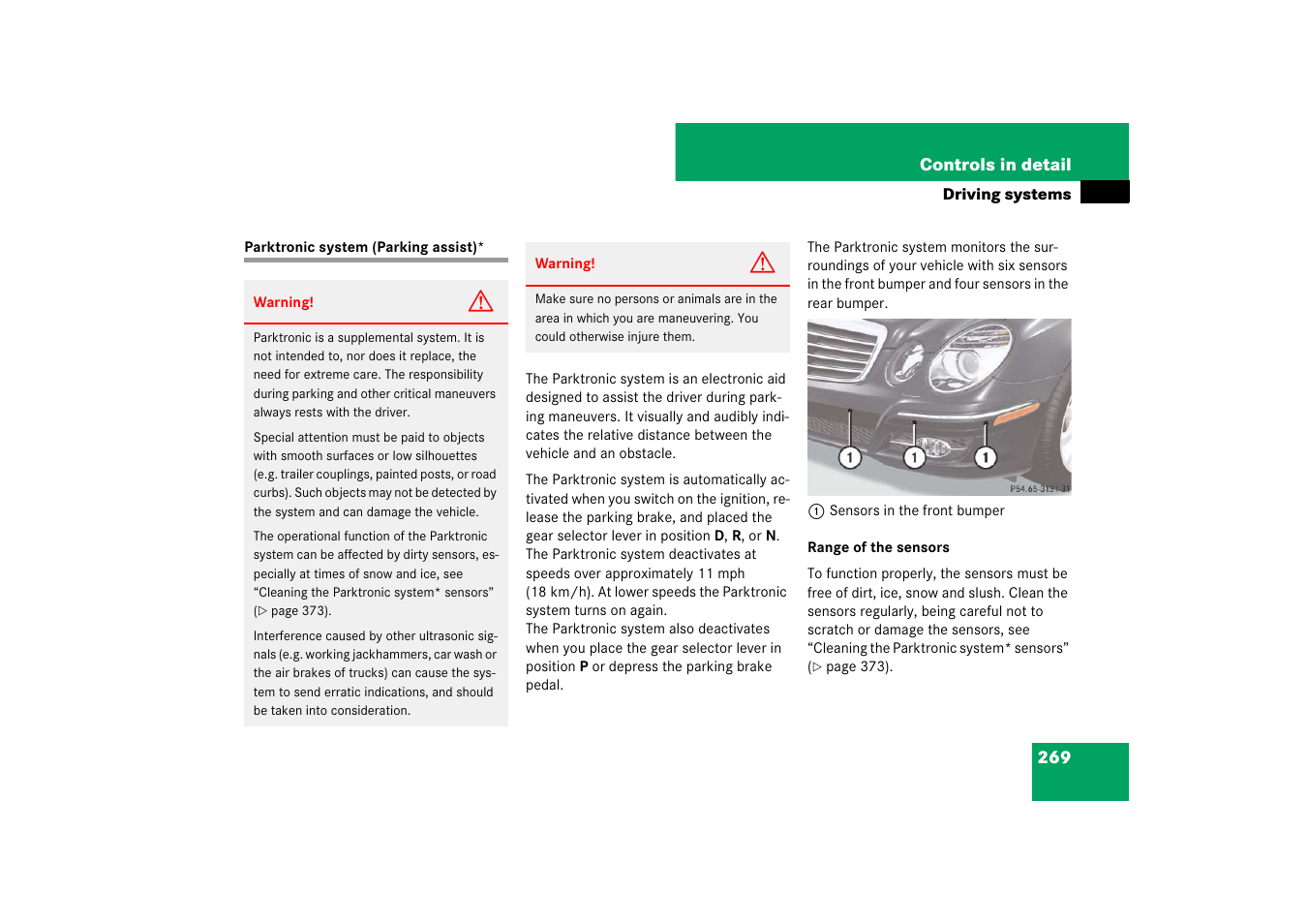Driving systems:parktronic system, Parktronic system (parking assist) | Mercedes-Benz E-Class 2007 Owners Manual User Manual | Page 270 / 522