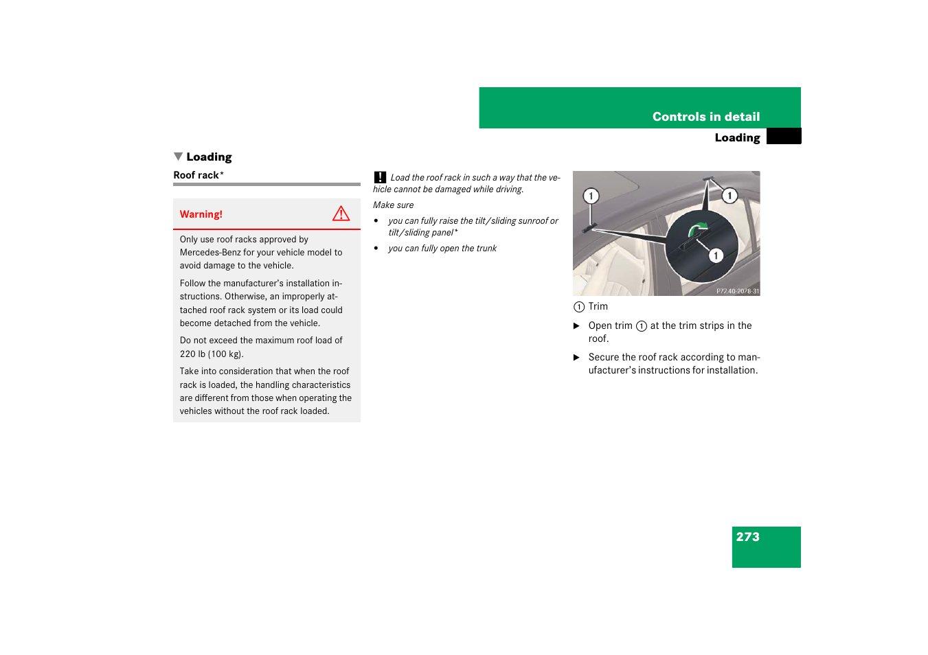 Loading, Roof rack*;vehicle loading:roof rack, Roof rack | See “loading | Mercedes-Benz E-Class 2007 Owners Manual User Manual | Page 274 / 522