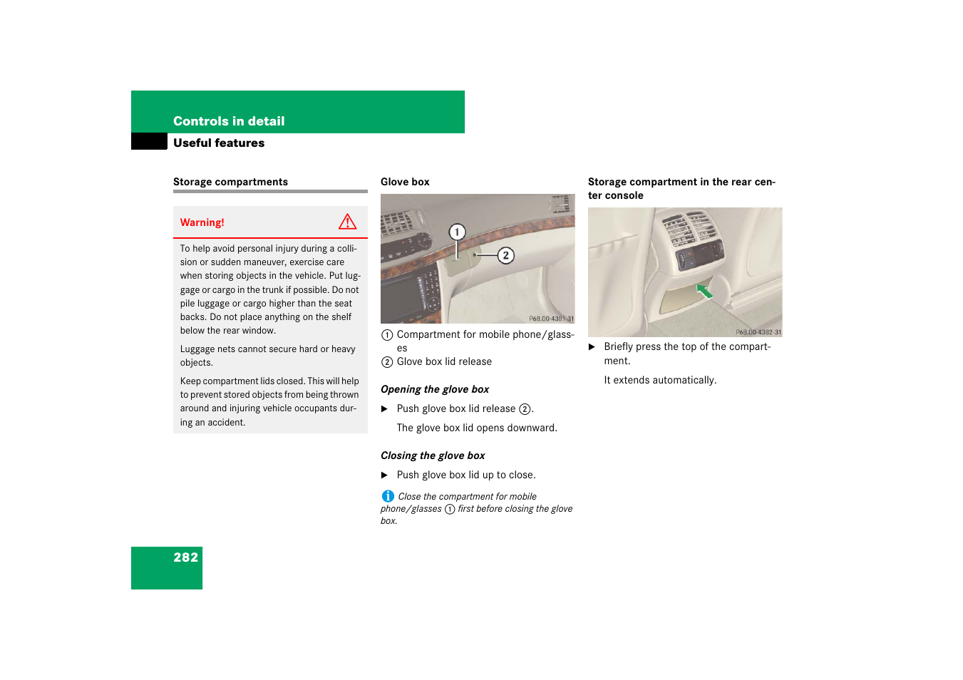 Useful features, Storage compartments | Mercedes-Benz E-Class 2007 Owners Manual User Manual | Page 283 / 522