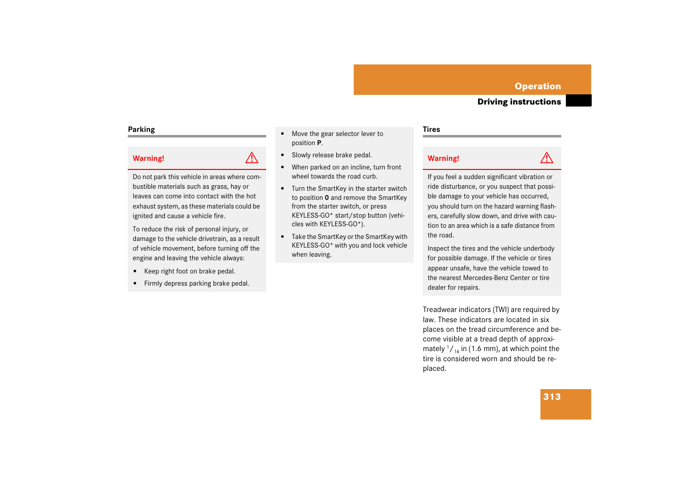 Tires:driving instructions, Parking tires | Mercedes-Benz E-Class 2007 Owners Manual User Manual | Page 314 / 522