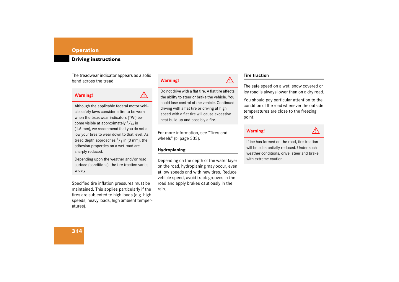 Tires:traction, Hydroplaning tire traction | Mercedes-Benz E-Class 2007 Owners Manual User Manual | Page 315 / 522
