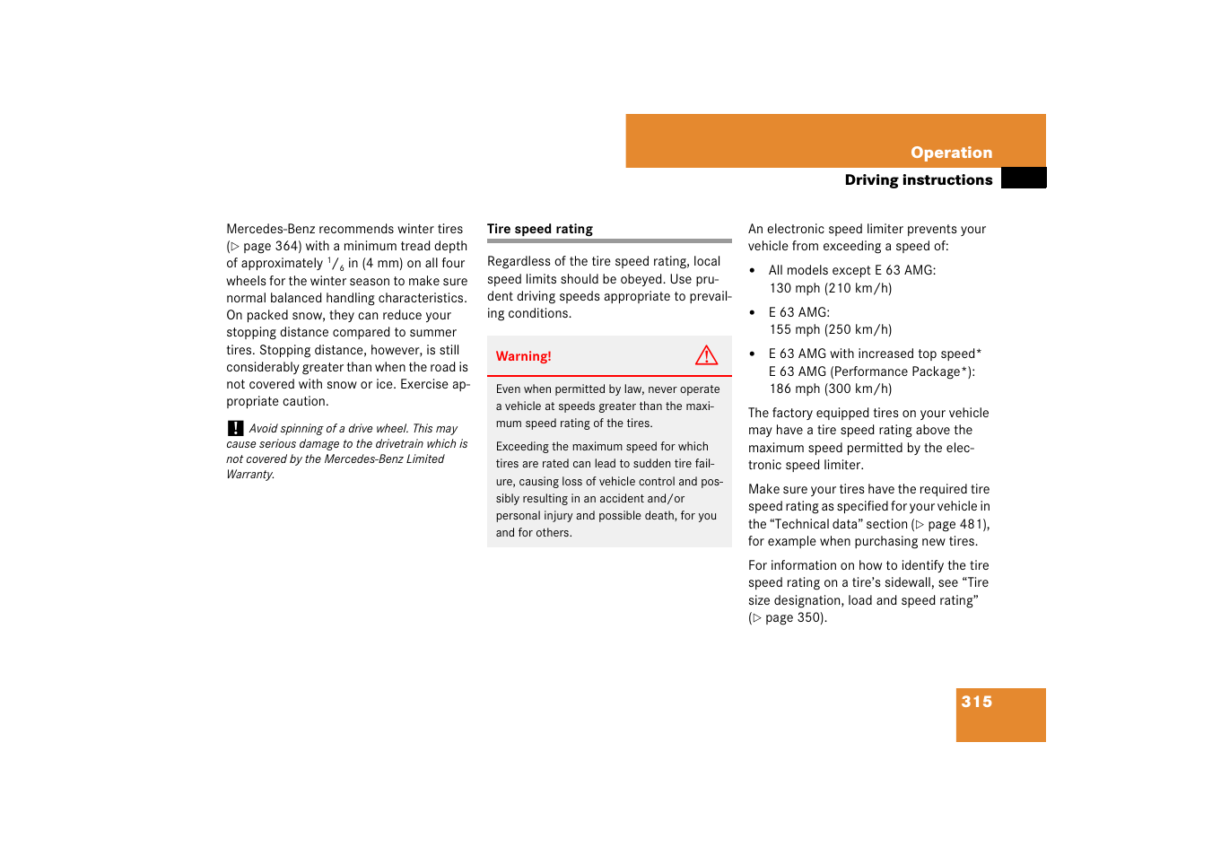 Tires:speed rating, Tire speed rating | Mercedes-Benz E-Class 2007 Owners Manual User Manual | Page 316 / 522