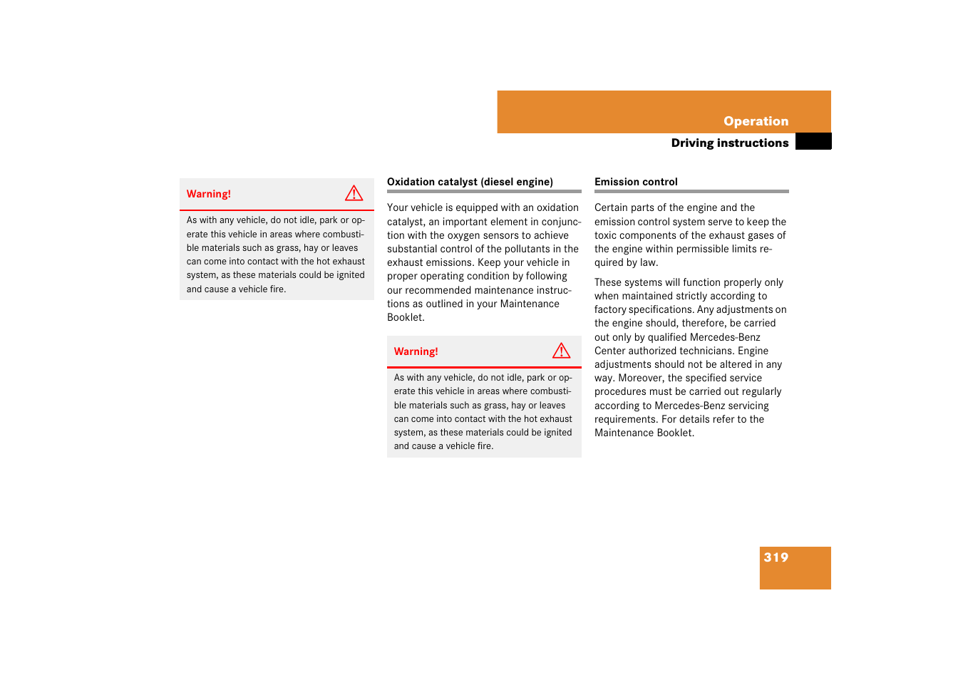 Oxidation catalyst (diesel engine), Emission control | Mercedes-Benz E-Class 2007 Owners Manual User Manual | Page 320 / 522