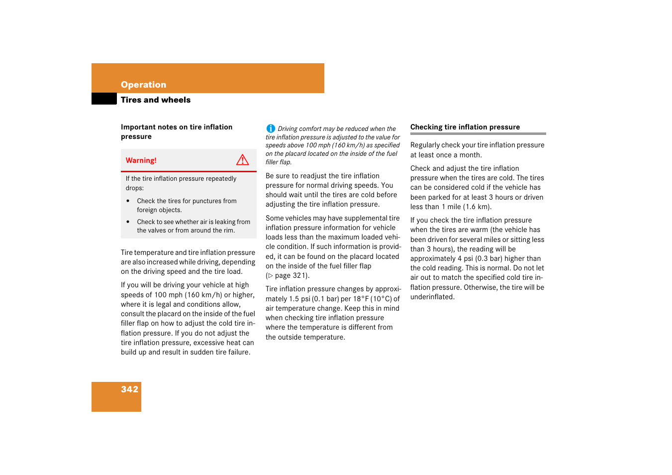 Checking tire inflation pressure, See “checking tire inflation pressure | Mercedes-Benz E-Class 2007 Owners Manual User Manual | Page 343 / 522
