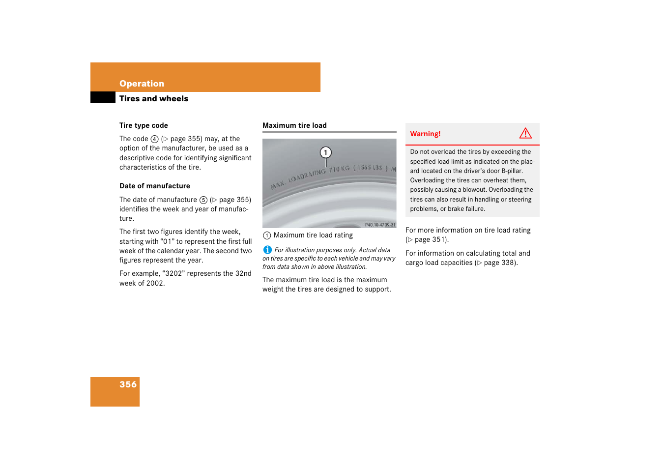 Maximum tire load | Mercedes-Benz E-Class 2007 Owners Manual User Manual | Page 357 / 522