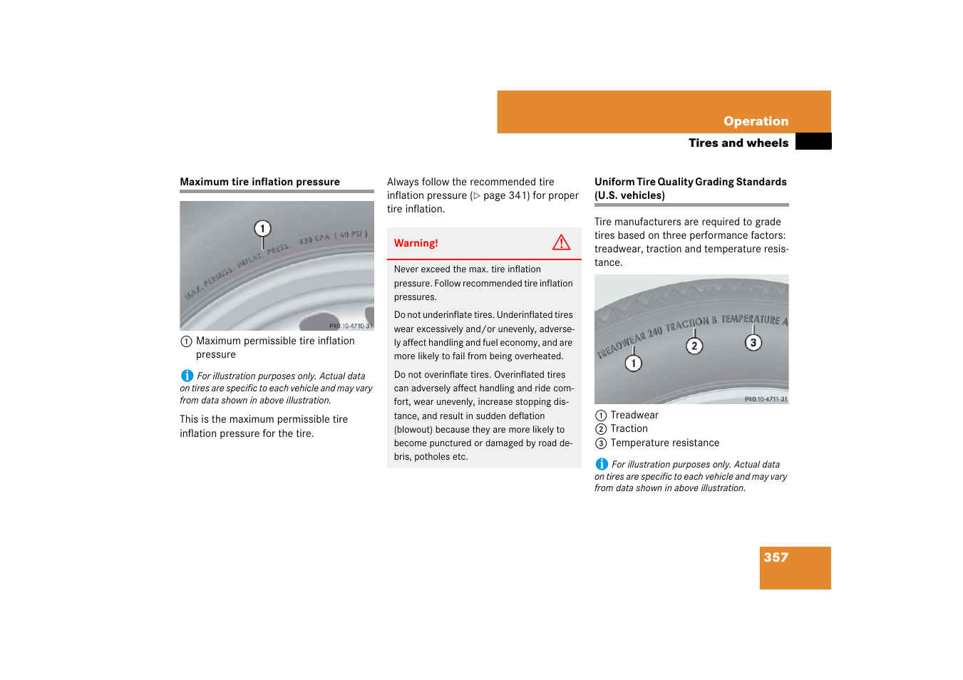 Maximum tire pressure, Uniform tire quality grading standards, Maximum tire inflation pressure | Mercedes-Benz E-Class 2007 Owners Manual User Manual | Page 358 / 522