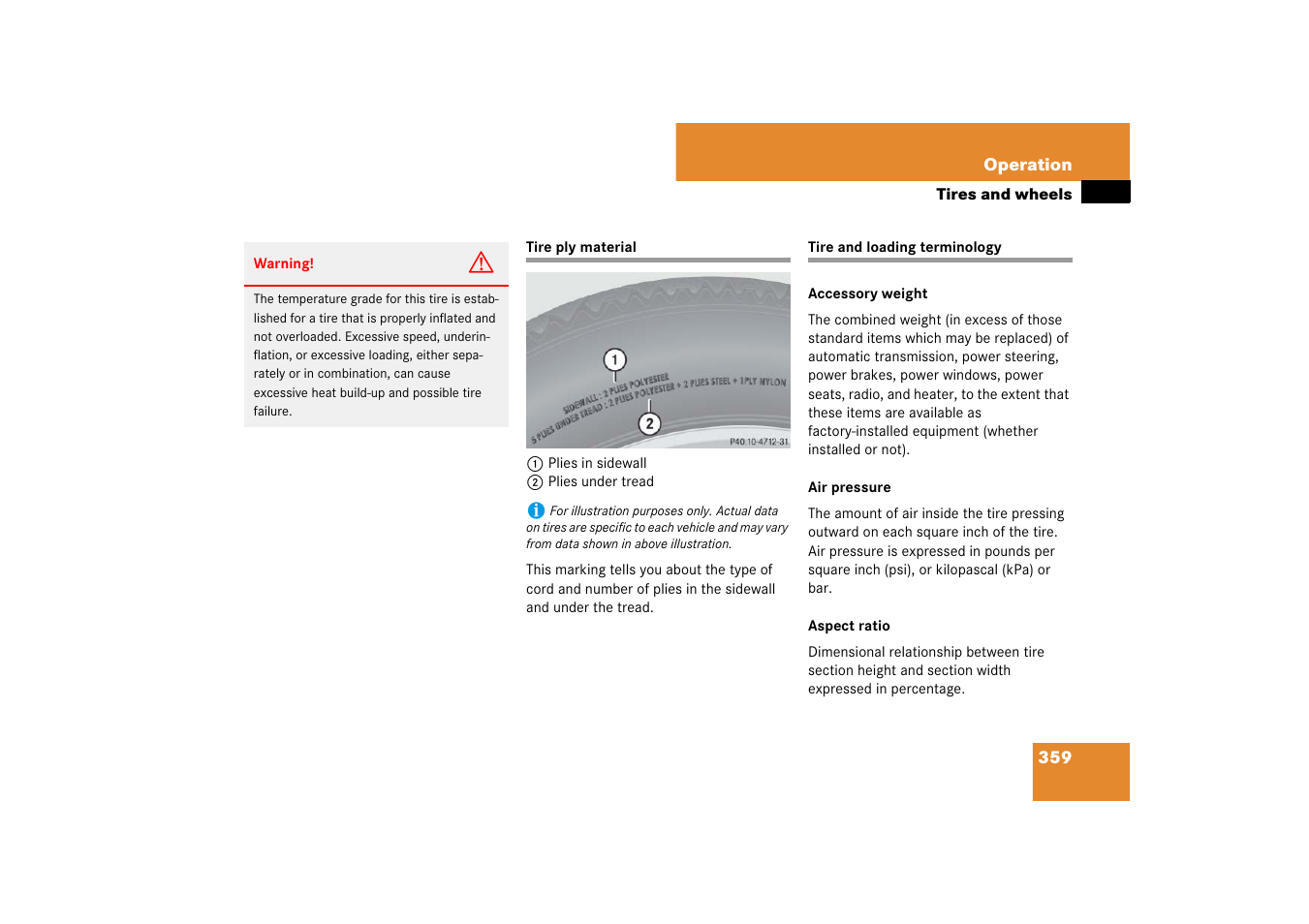 Tire ply material, Tires:terminology, Tire ply material tire and loading terminology | Mercedes-Benz E-Class 2007 Owners Manual User Manual | Page 360 / 522