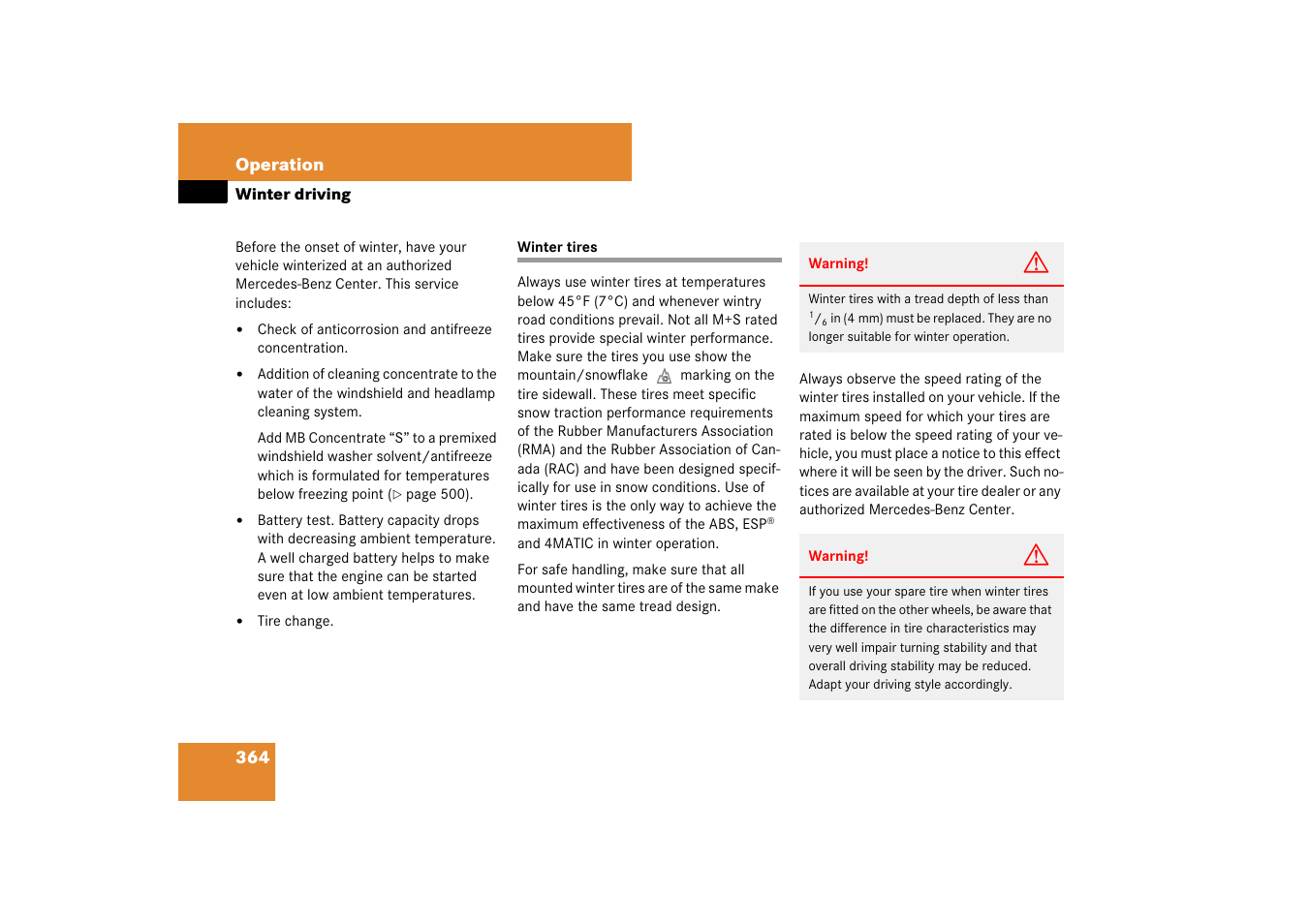 Tires:snow;tires:winter, Winter driving, Winter tires | Res, see “winter driving | Mercedes-Benz E-Class 2007 Owners Manual User Manual | Page 365 / 522