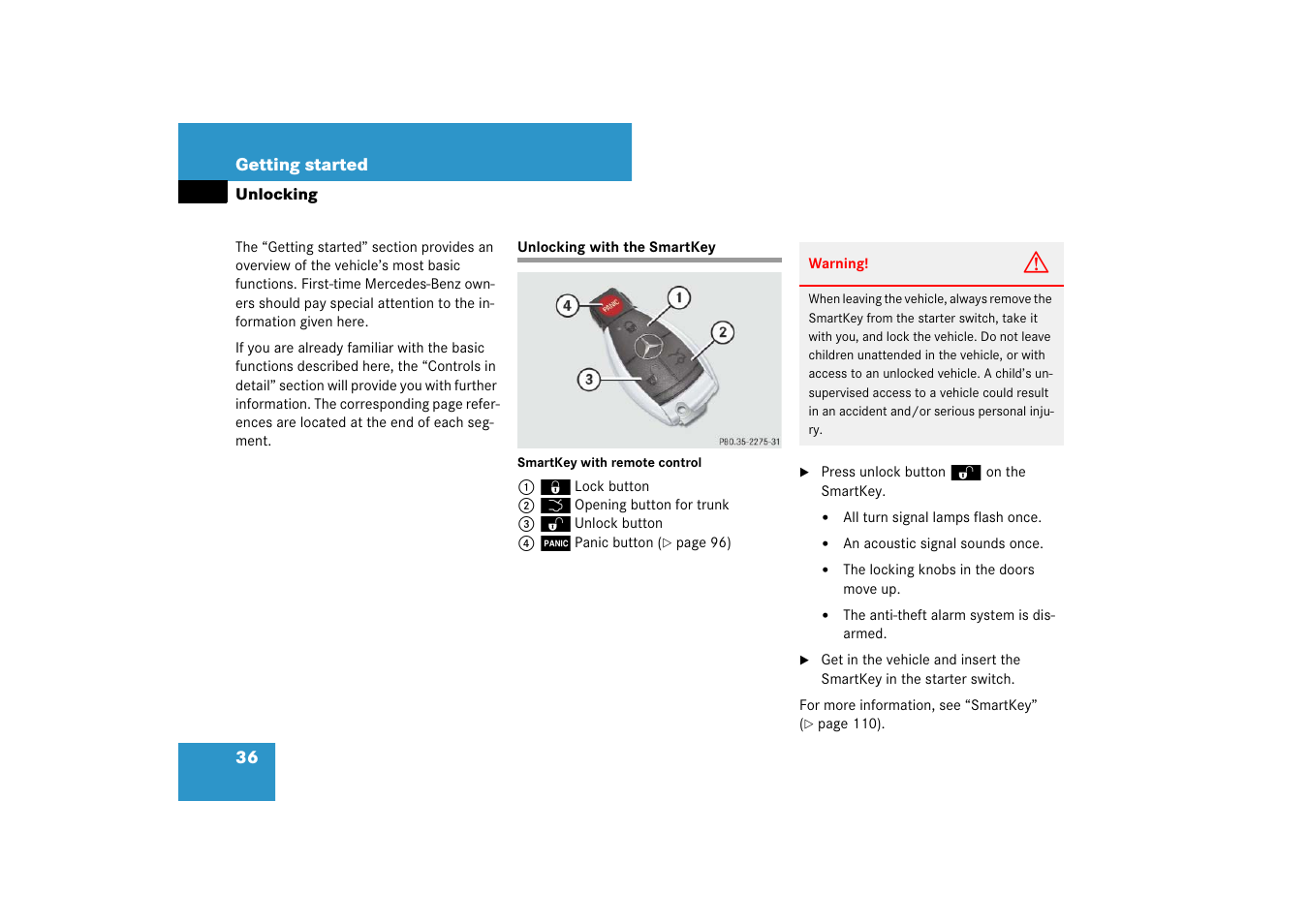 Unlocking, Unlocking with the smartkey | Mercedes-Benz E-Class 2007 Owners Manual User Manual | Page 37 / 522