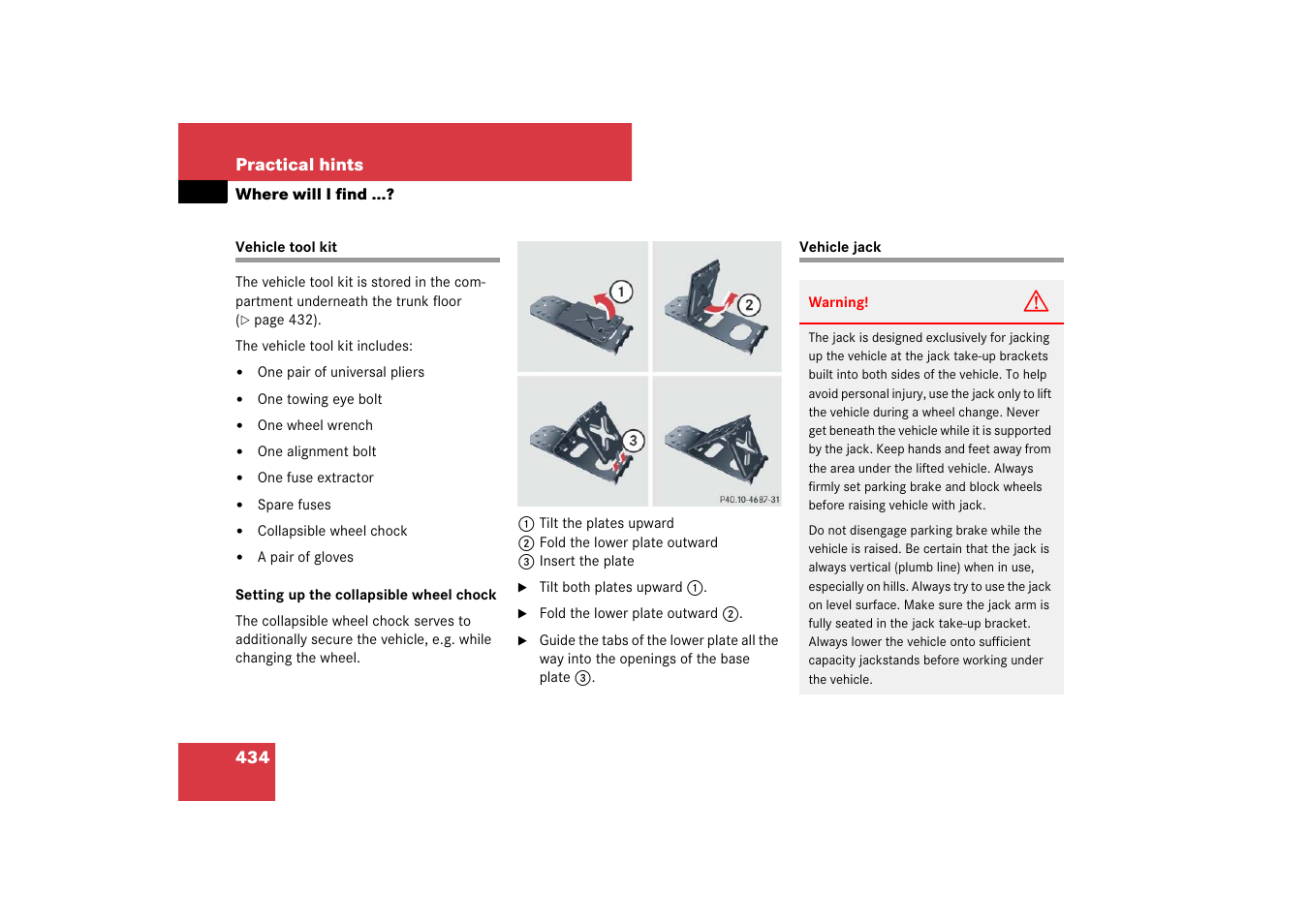 Vehicle jack, Vehicle tool kit vehicle jack | Mercedes-Benz E-Class 2007 Owners Manual User Manual | Page 435 / 522