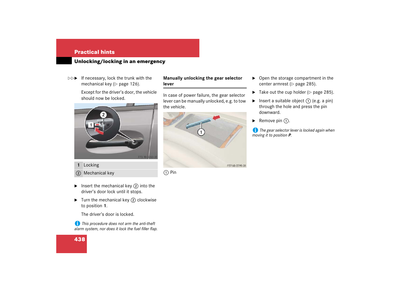 Manually unlocking the gear selector lever | Mercedes-Benz E-Class 2007 Owners Manual User Manual | Page 439 / 522