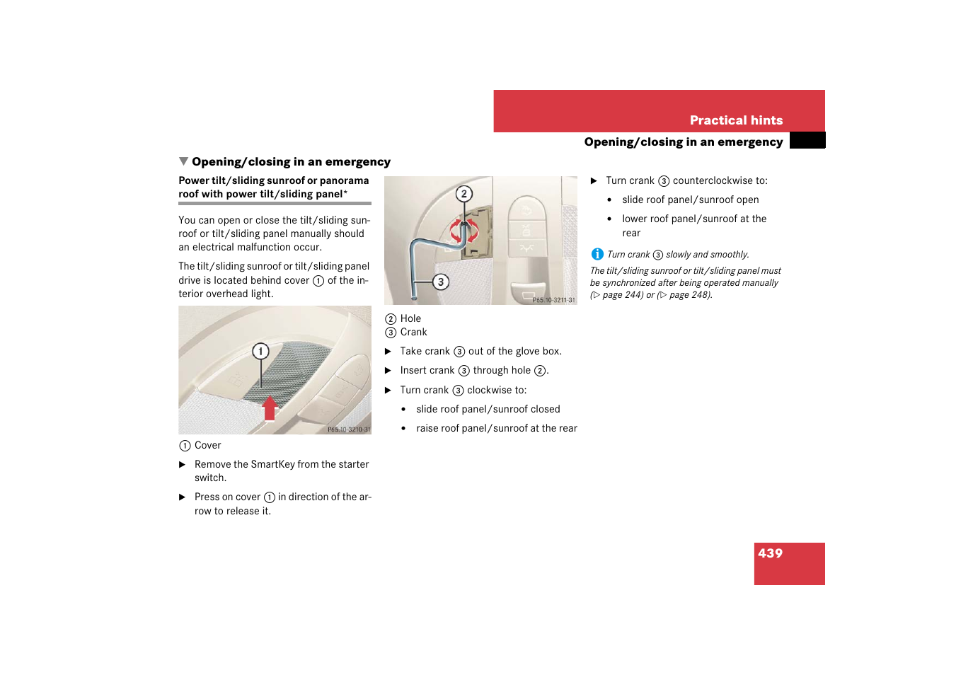 Opening/closing in an emergency, Osed manually | Mercedes-Benz E-Class 2007 Owners Manual User Manual | Page 440 / 522