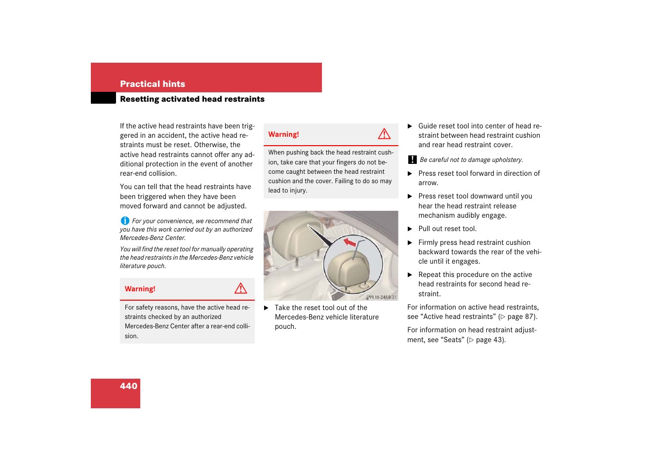 Resetting activated head restraints | Mercedes-Benz E-Class 2007 Owners Manual User Manual | Page 441 / 522