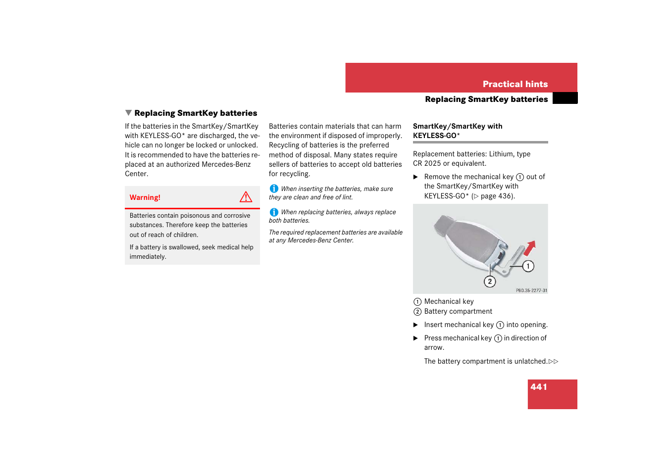 Changing batteries, Replacing smartkey batteries, Smartkey/smartkey with keyless-go | Ries | Mercedes-Benz E-Class 2007 Owners Manual User Manual | Page 442 / 522