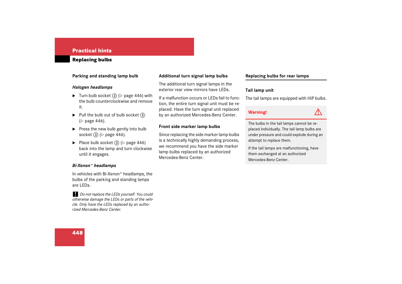 Replacing bulbs for rear lamps | Mercedes-Benz E-Class 2007 Owners Manual User Manual | Page 449 / 522