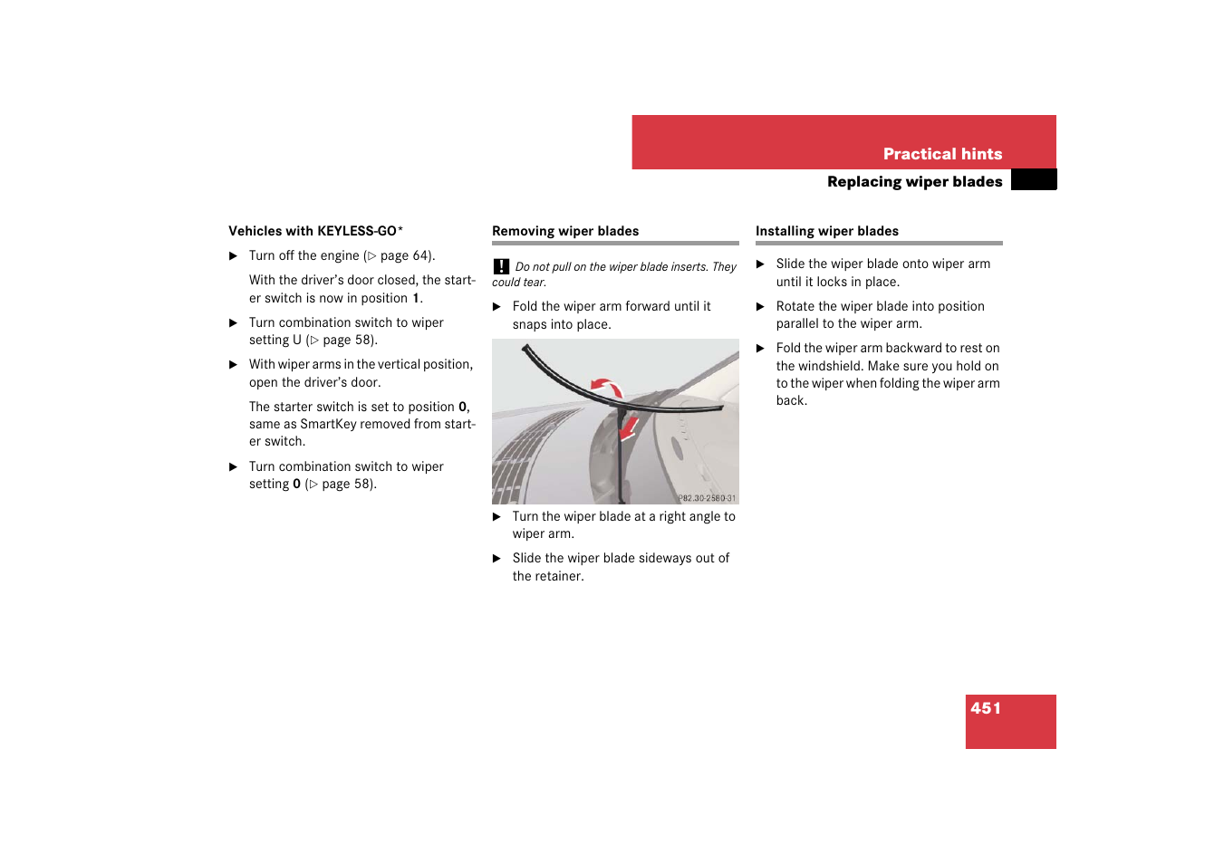 Removing wiper blades, Installing wiper blades, Removing wiper blades installing wiper blades | Mercedes-Benz E-Class 2007 Owners Manual User Manual | Page 452 / 522